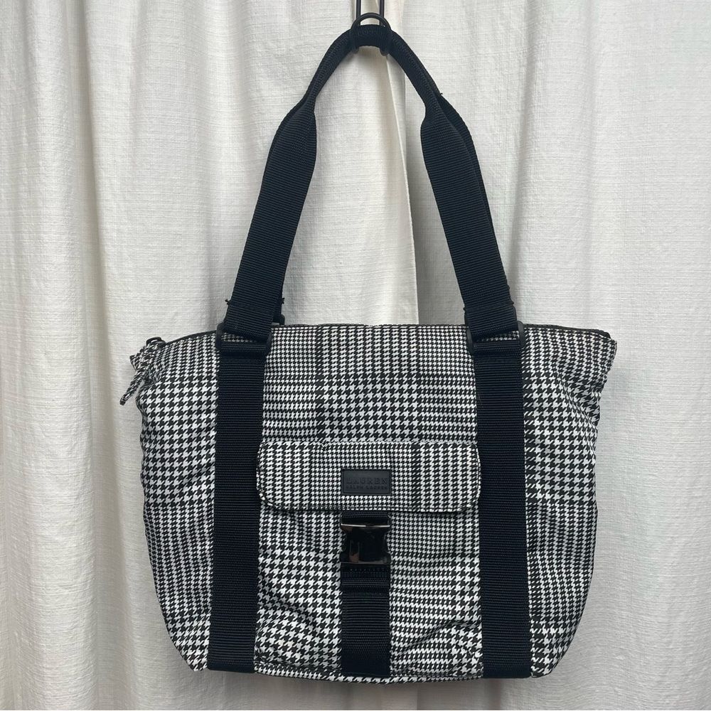 RALPH LAUREN- Houndstooth Nylon Shoulder Bag Silver Hardware Buckle